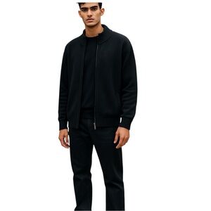 Lands End Cardigan Mens‎ Size Large Navy Full Zip 100% Wool Minimalist Classic